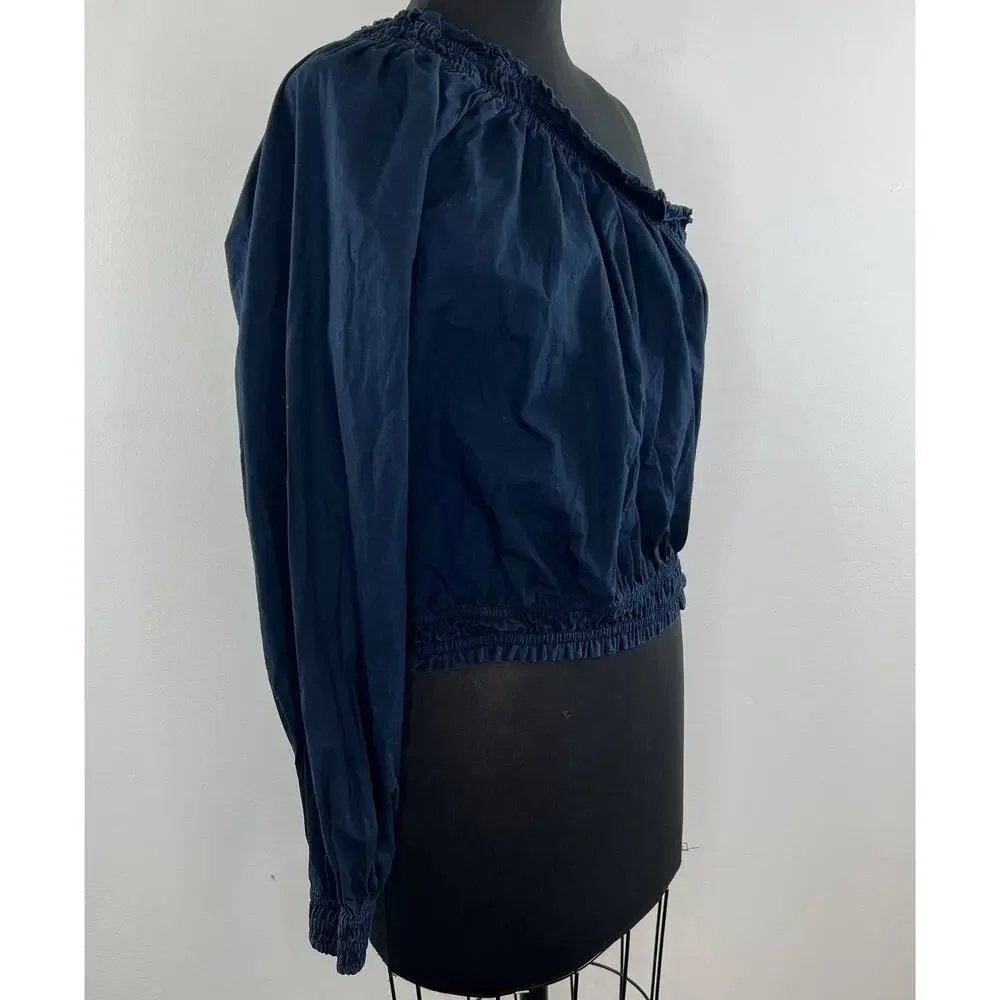 Free People Navy Blue Long Sleeve Women's Cotton One Shoulder Blouse Top Size L